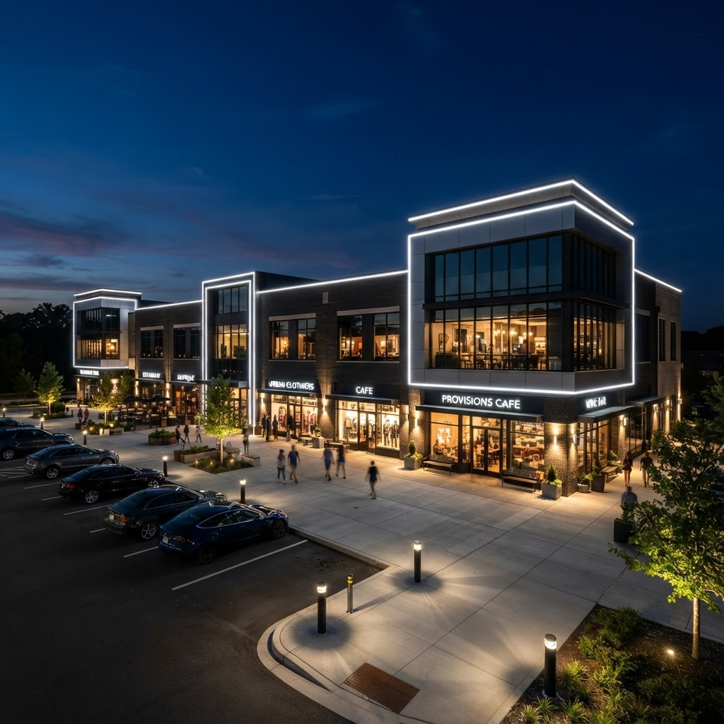 Modern commercial building at night with permanent LED lighting outlining the facade