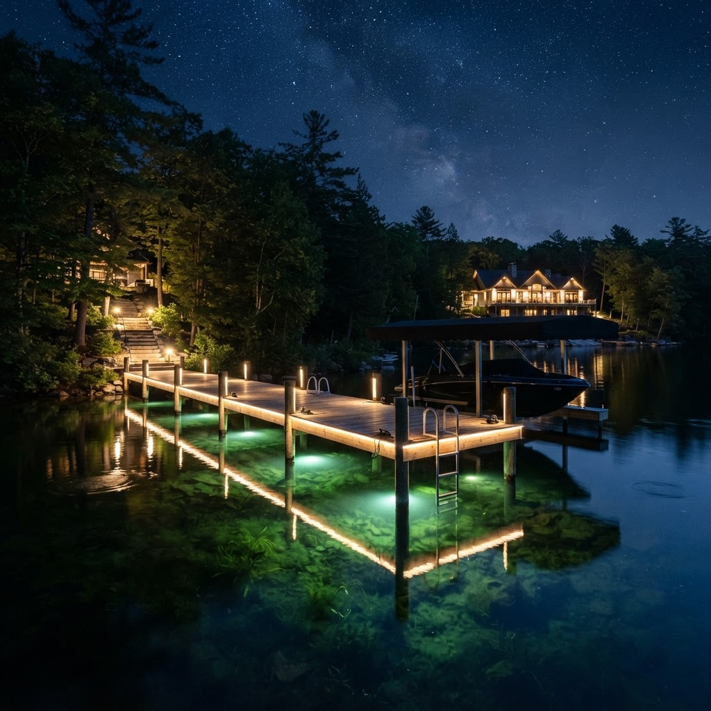 Private boat dock at night with lighting along the edges reflecting on the water