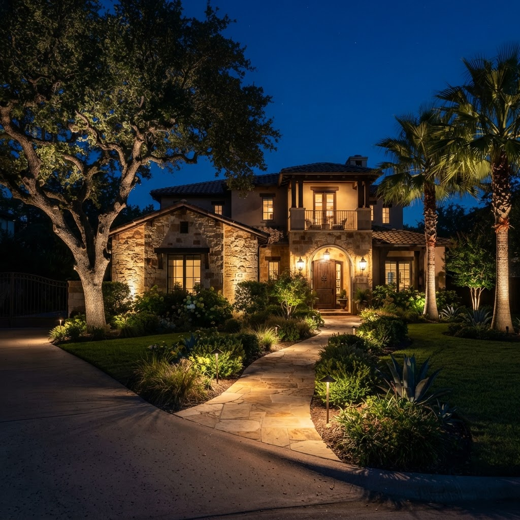 Landscaped front yard at night with warm path lights and uplit trees