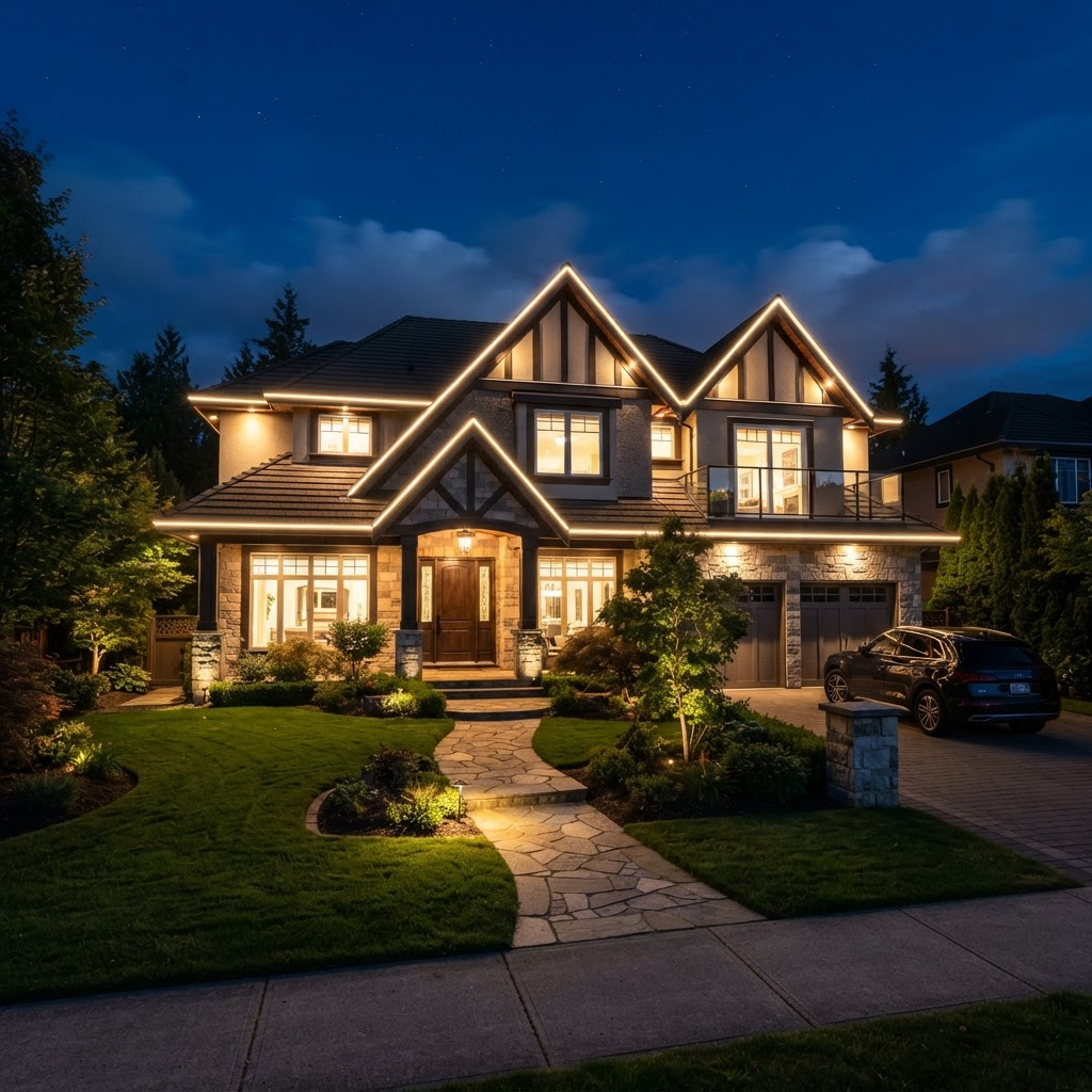 Two-story home at dusk outlined in warm white permanent trim lighting along the roofline