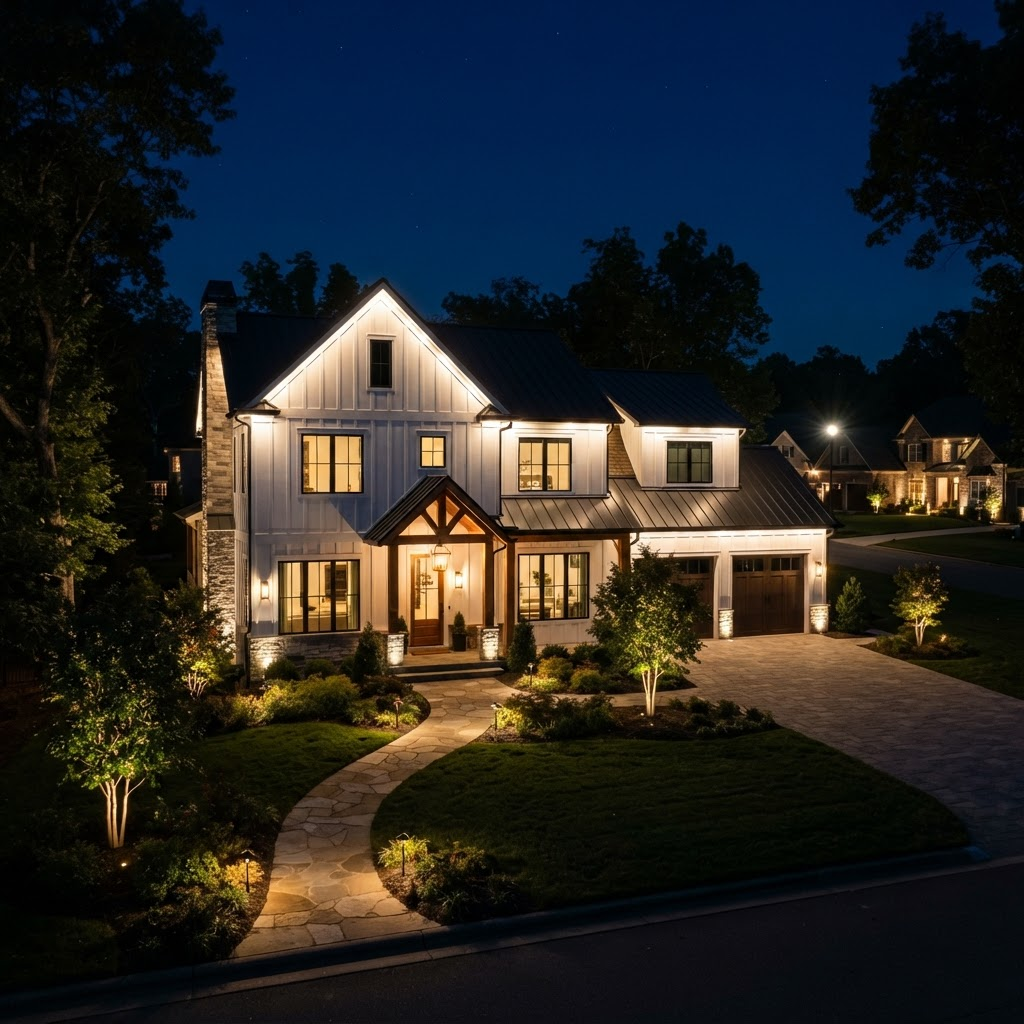 Modern farmhouse at night with elegant warm white trim lighting along the roofline