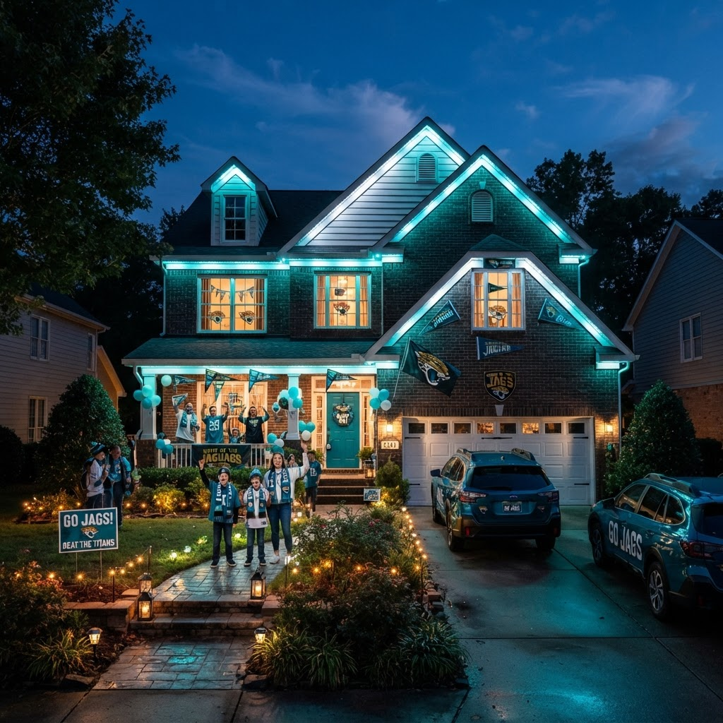 Brick home at night glowing in teal and white team colors