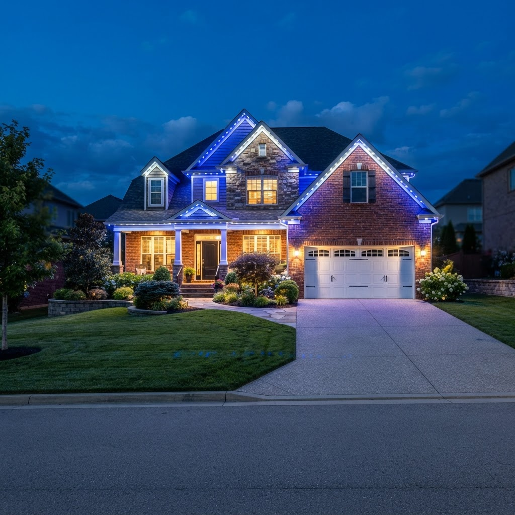 Brick home at night with rooflines glowing in blue and white team colors
