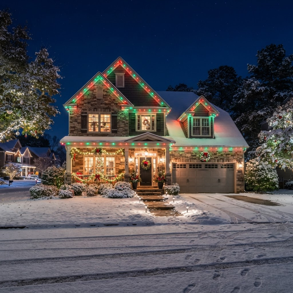 Snow-covered home at night with red and green holiday trim lighting