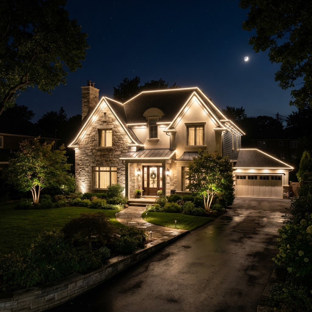 Home at night with bright white perimeter lighting illuminating the walls and yard